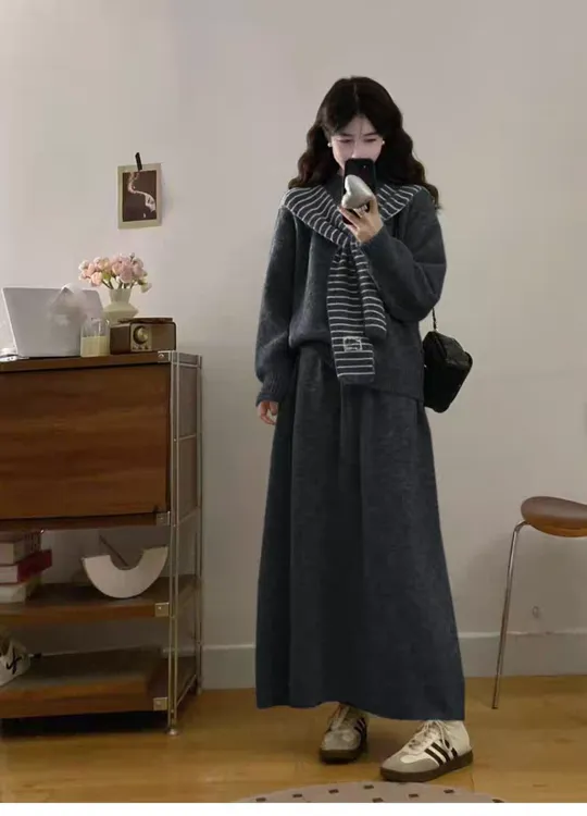 条纹围脖套头毛衣半身裙时尚套装女秋冬季新款慵懒风针织衫三件套