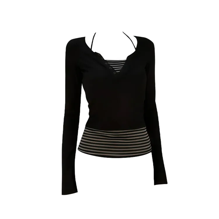 2025秋冬新款黑色假两件拼接撞色条纹t恤长袖修身显瘦打底上衣女