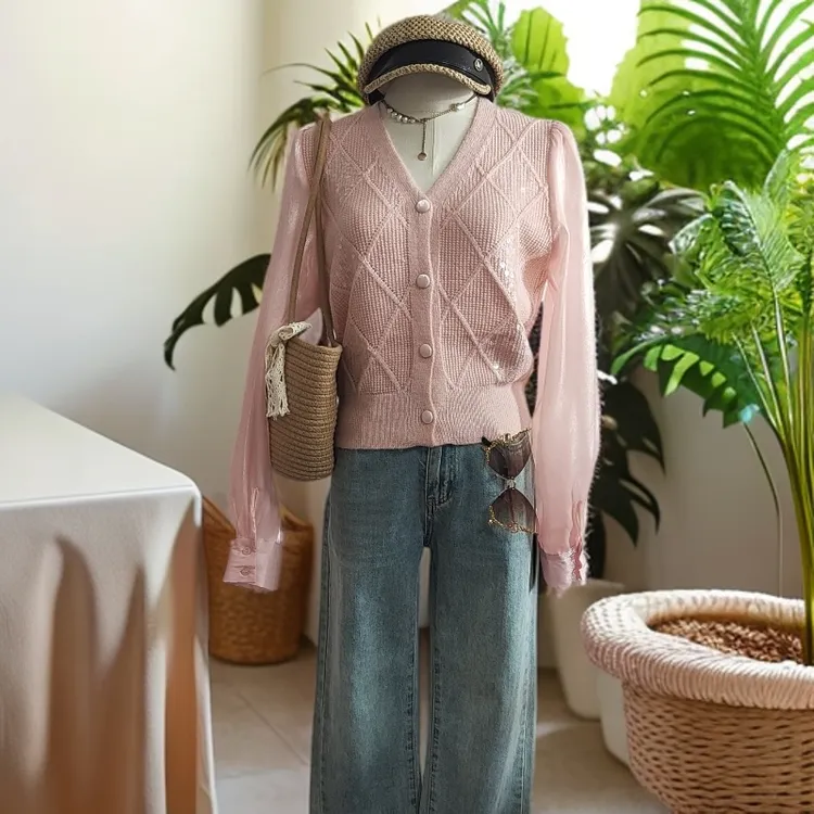 长袖拼接时尚百搭亮片显瘦针织开衫V领设计师秋款上衣