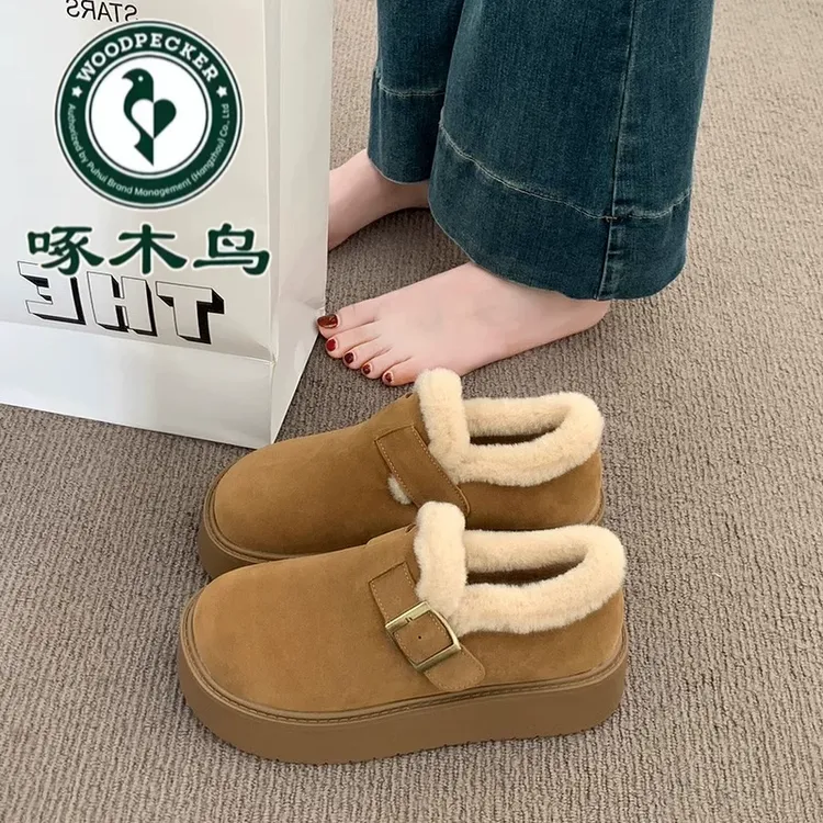 啄木鸟真皮厚底加绒豆豆勃肯鞋女2025新款秋冬外穿保暖棉鞋雪地靴