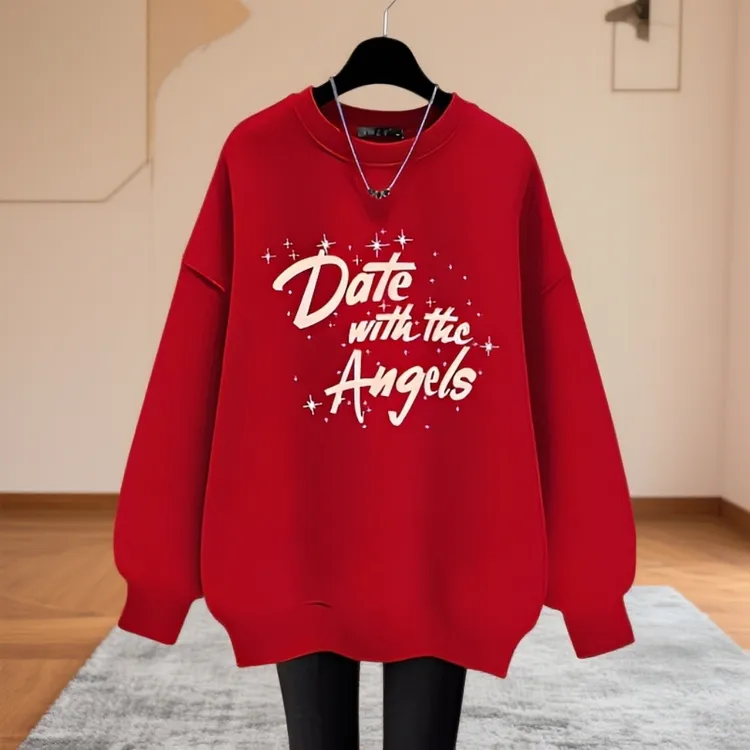 新年红色本命年衣服春秋冬新款宽松休闲圆领卫衣女加绒中长款外套