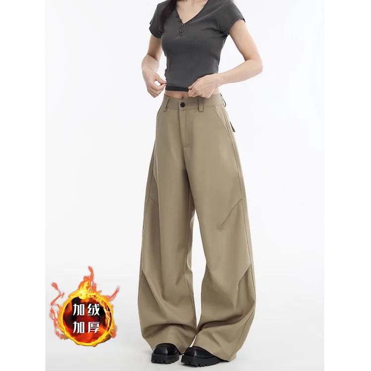 加绒加厚美式弯刀西裤女秋冬直筒阔腿裤高级感复古休闲西装裤子女