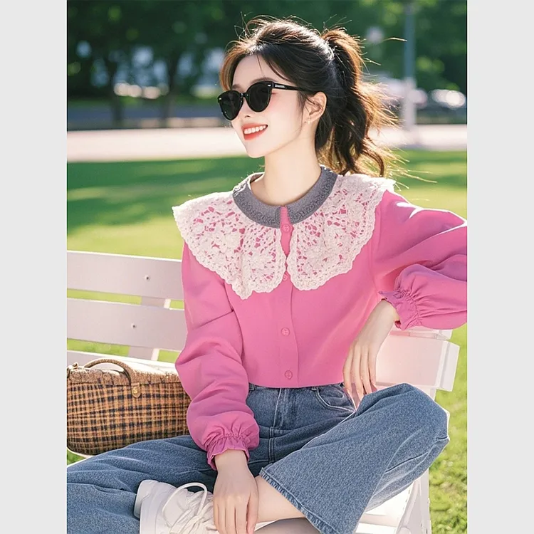 2025春季新款爆款超好看独特漂亮设计感粉色蕾丝拼接泡泡袖衬衫女