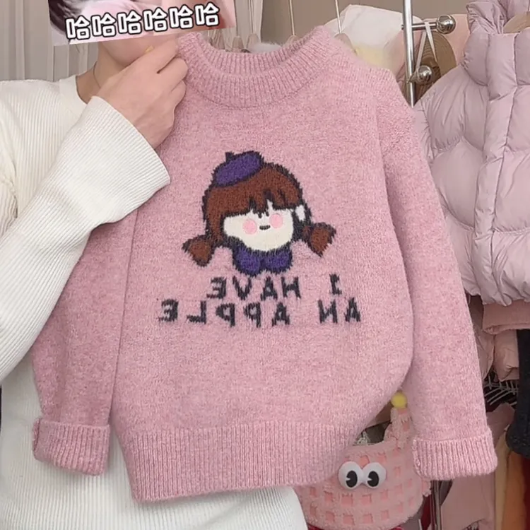 女童冬季针织衫新款女宝宝卡通字母小女孩圆领长袖保暖毛衣