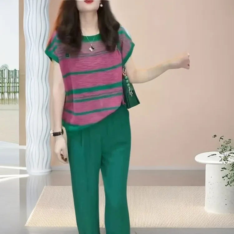 2025夏季新款圆领短袖+直筒裤组合时尚洋气宽松休闲遮肉套装