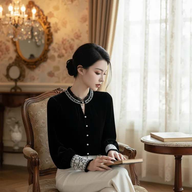 新中式国风黑色丝绒衬衫女气质时尚百搭显瘦内搭复古青涩上衣