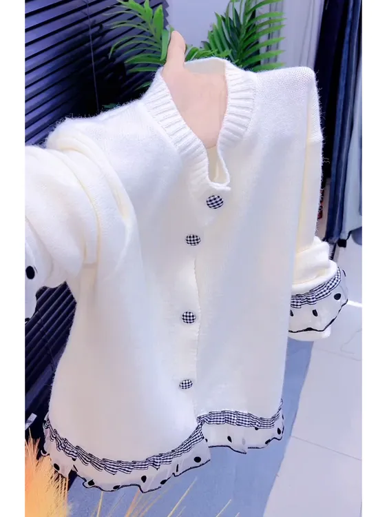 韩系小香风蕾丝拼接波点毛衣外套女早秋季设计感长袖针织开衫上衣