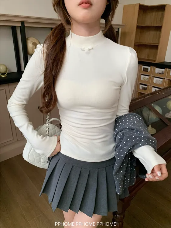 设计感蝴蝶结半高领T恤女秋冬新时尚减龄百搭修身显瘦打底衫上衣