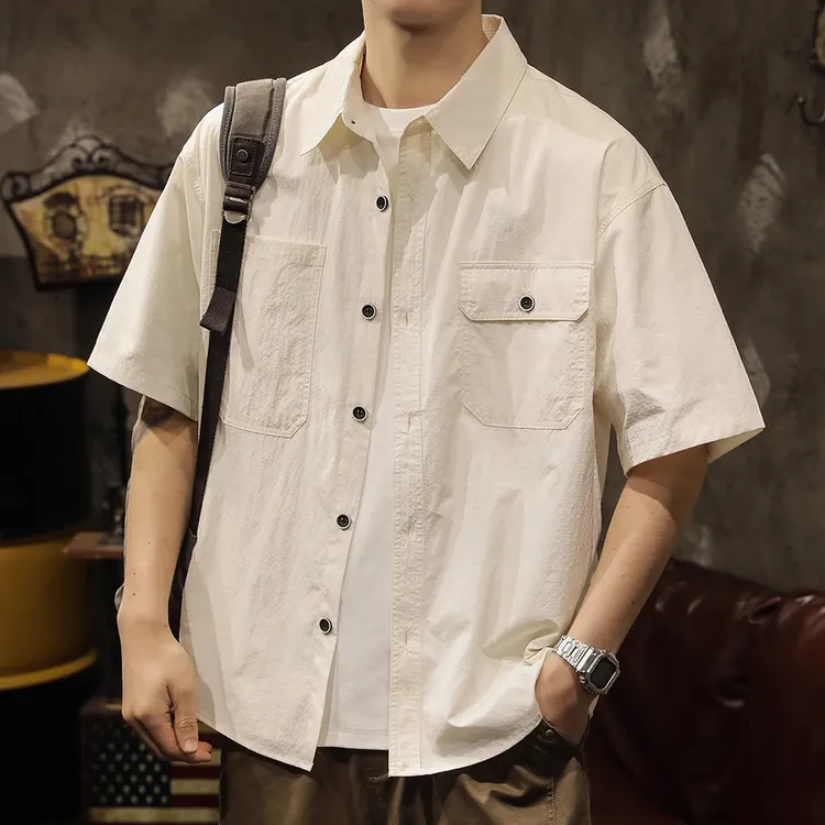 凉感透气薄款冰丝工装短袖衬衫外套男夏季2025新款痞帅夏威夷海边