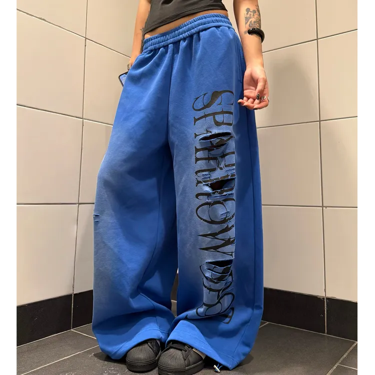 美式复古字母印花设计破洞渐变阔腿裤女2025秋季宽松休闲拖地长裤