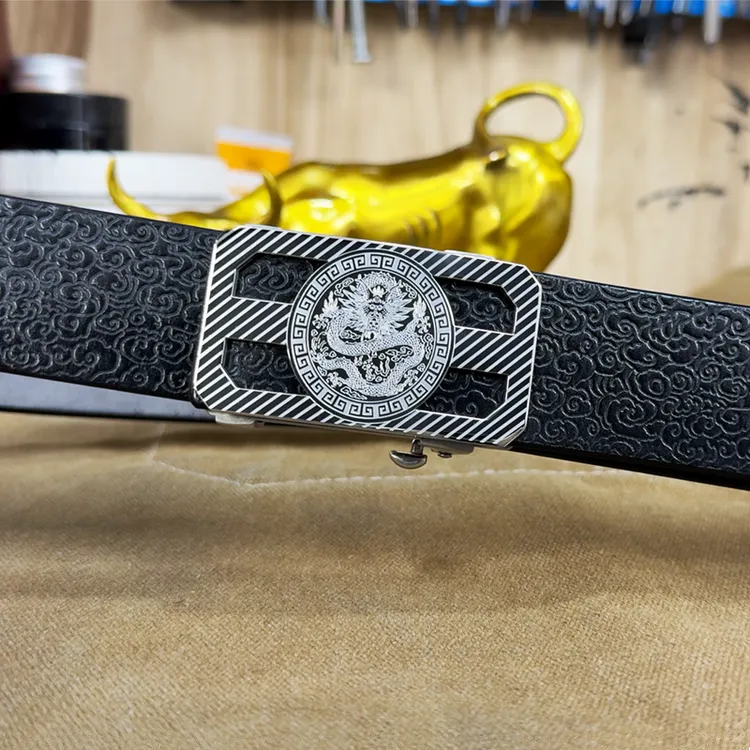 纯手工龙头内穿式腰带头层牛皮真皮皮带男士无牙自动扣百搭裤腰带