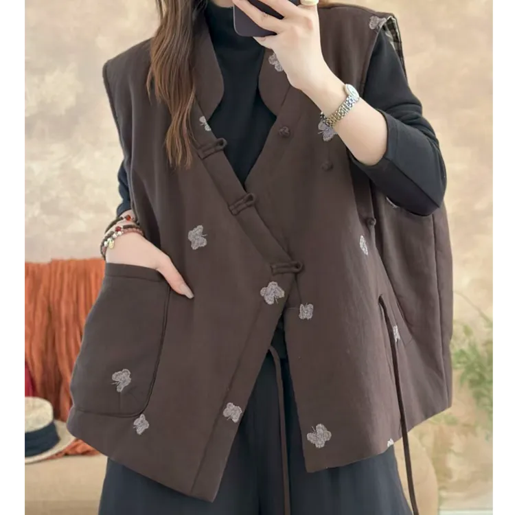 亚麻秋季刺绣斜襟法式V领厚款马夹气质ins休闲上衣复古