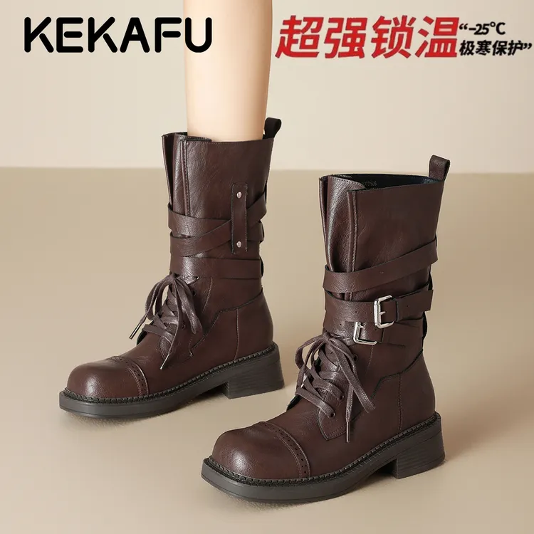 珂卡芙棕色加绒复古高帮机车骑士短靴2025冬季新款巴恩风街头棉靴