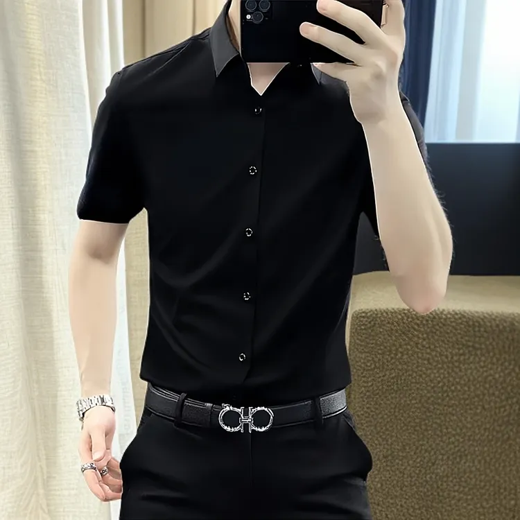 高档免烫休闲衬衫男士新款短袖修身显瘦丝光棉冰丝纯色无痕垂感衬