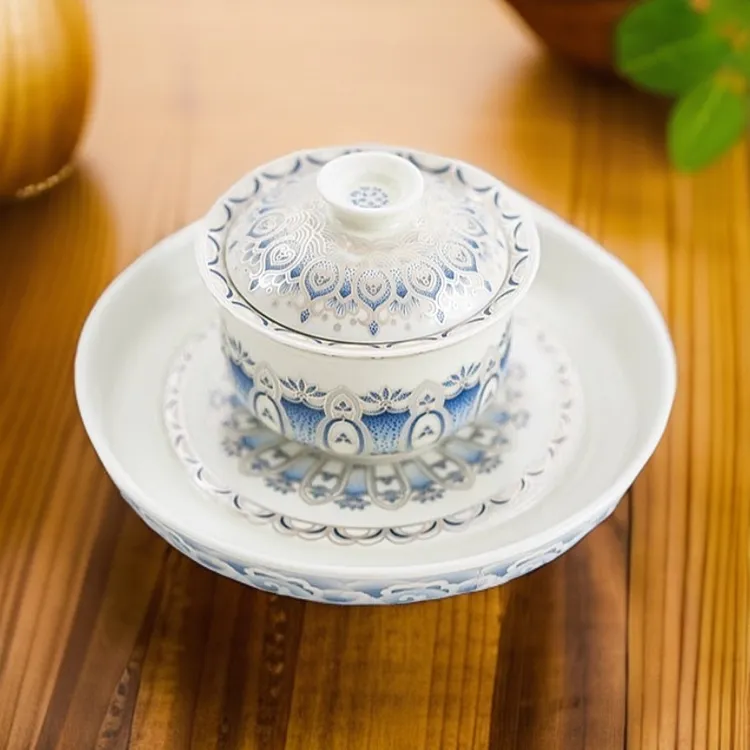 银月重莲旅行茶具茶艺器具便携式陶瓷快客杯户外泡茶青花三才盖碗