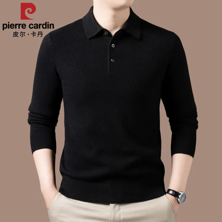 【国际大牌皮尔卡丹】高档男士100%纯羊毛衫冬季翻领厚款打底毛衣潮