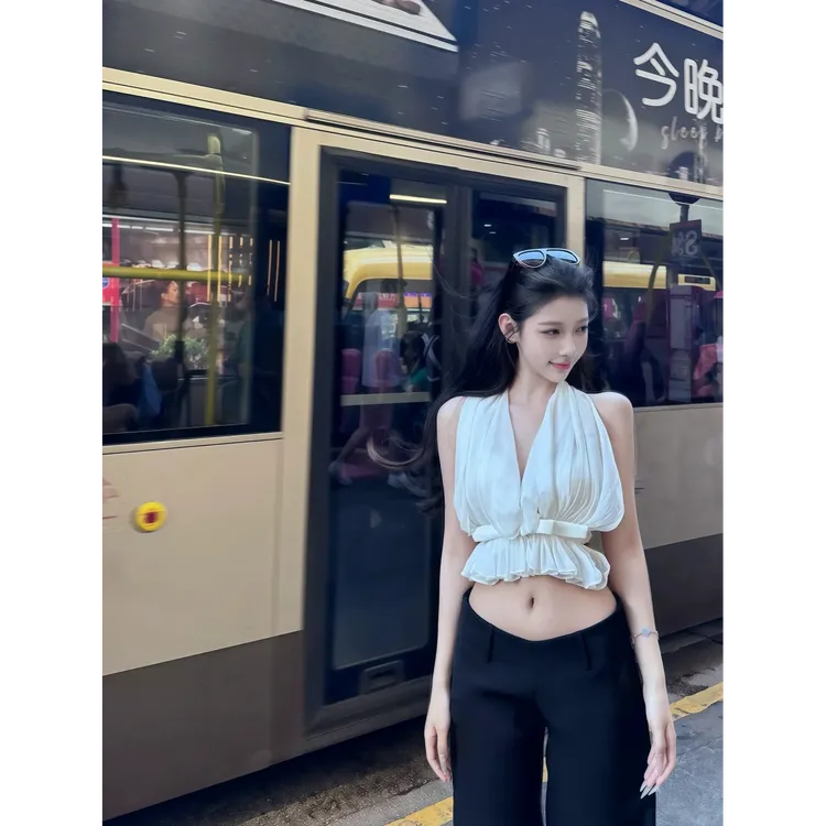 纯欲网纱露背背心女挂脖V领收腰气质百搭上衣2025新款显瘦休闲裤