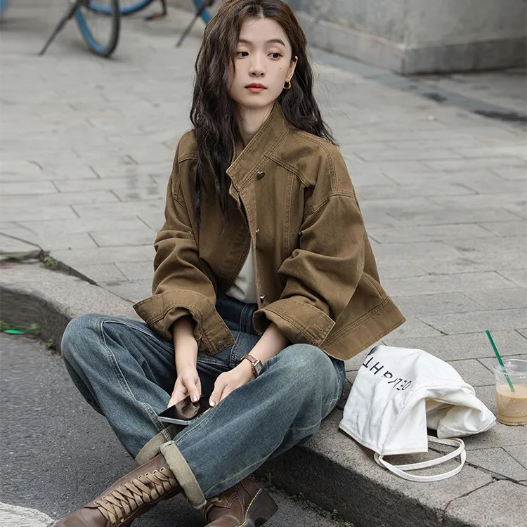 复古咖色牛仔短外套2025早秋新款小众宽松立领工装夹克上衣女