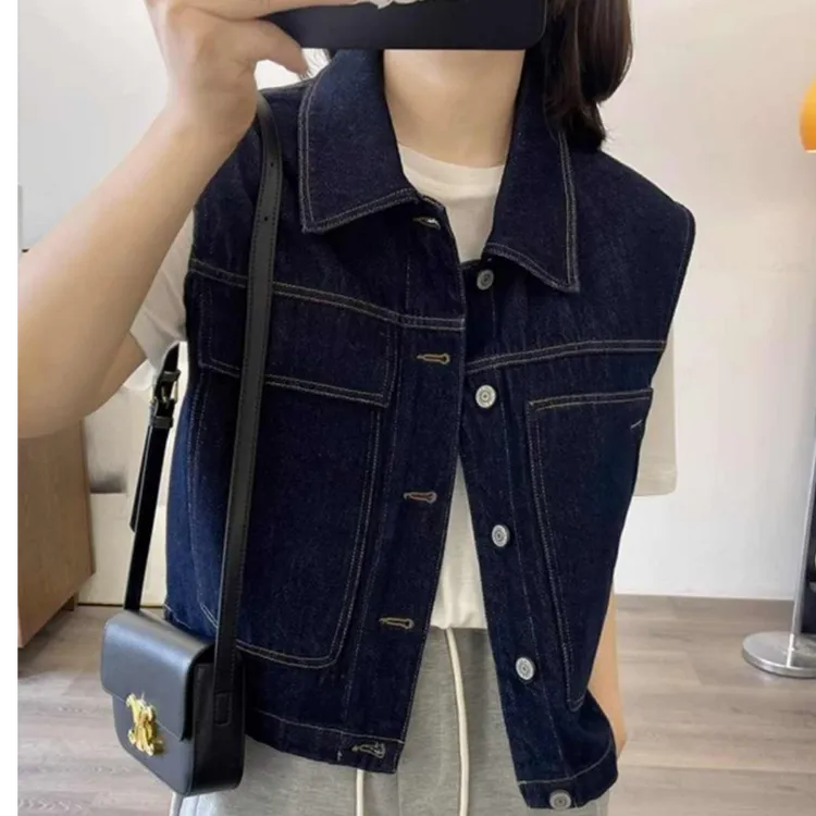 小个子短款开衫牛仔马甲外套女早春叠穿宽松百搭工装坎肩背心马夹