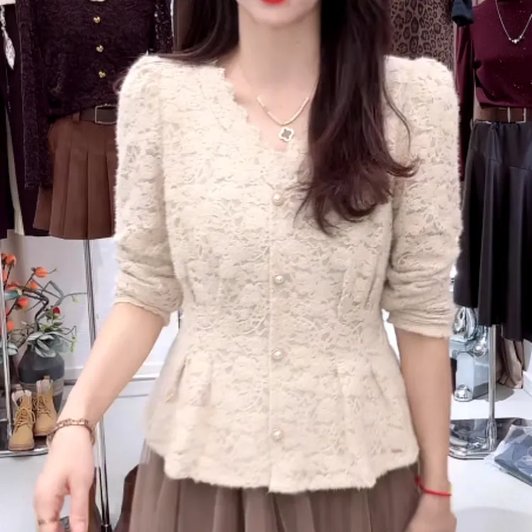 气质磨毛蕾丝小衫新品2025显瘦时尚洋气长袖V领法式女春秋时尚女