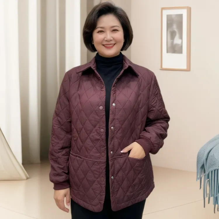 新款冬季方领二棉纯色摁扣妈妈外套轻薄加厚TP88B048