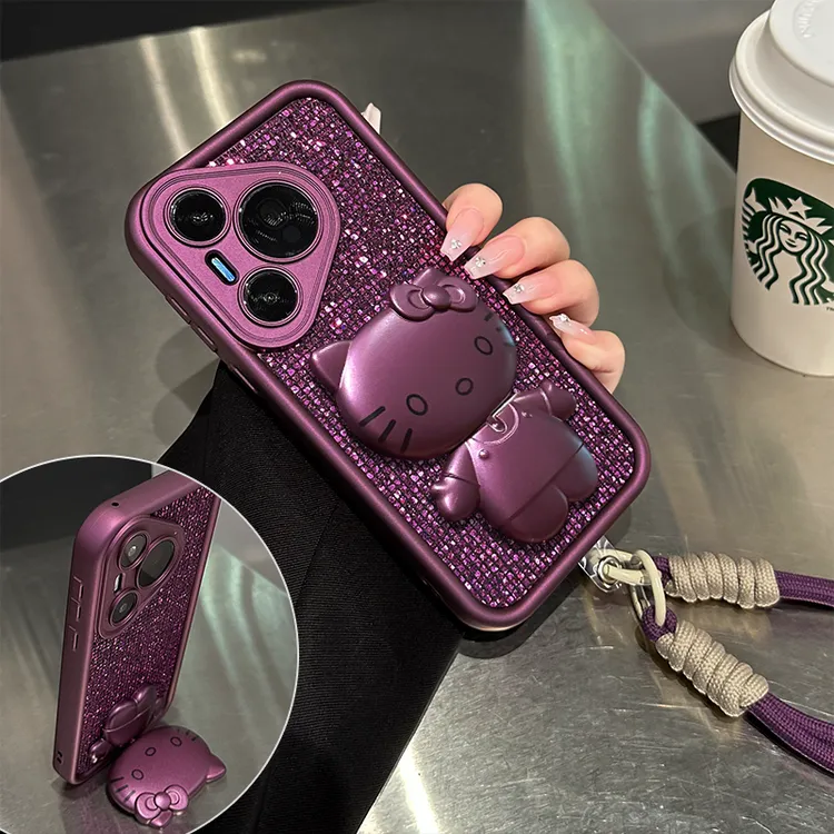 适用华为Pura70/70Pro手机壳闪钻KT猫镜子全包p70pro+手机保护套