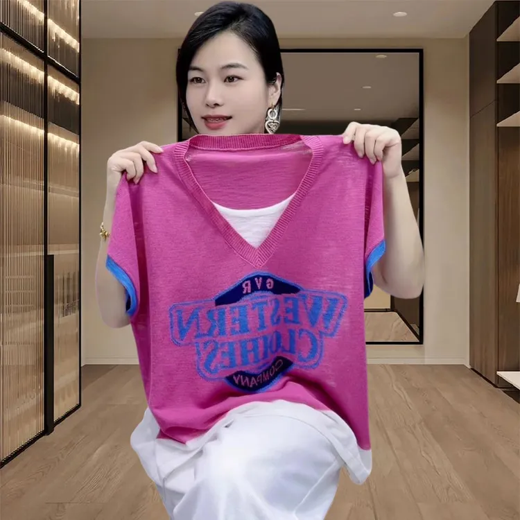 欧货大码2025年夏季女装玫红色假两件字母印花针织V领短袖T恤上衣