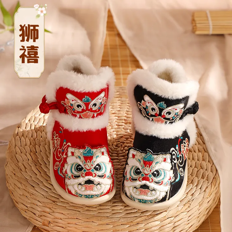汉服鞋女童冬季新款雪地靴子虎头古风加绒棉鞋宝宝古风儿童绣花鞋