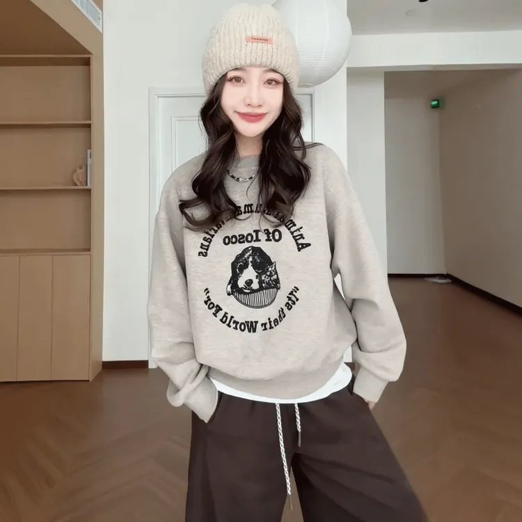 韩系慵懒风字母印花圆领卫衣女2025冬季新款宽松显瘦时尚洋气上衣