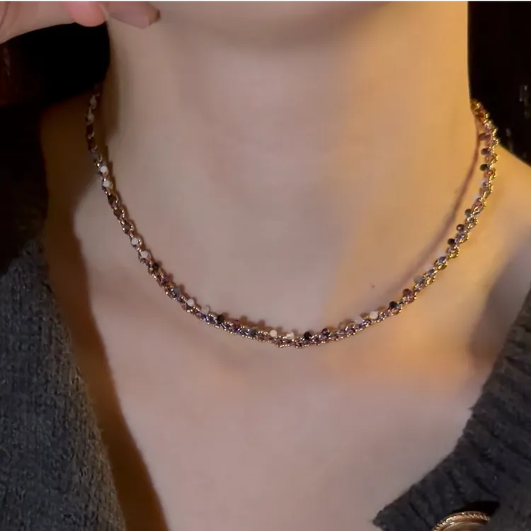 铜项链 [碧彩]手工串珠小众彩色毛衣链女编织复古百搭锁骨链