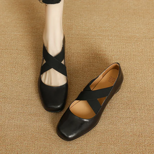 羊皮版~法式复古松紧交叉带芭蕾舞粗跟单鞋女2025圆头玛丽珍鞋子