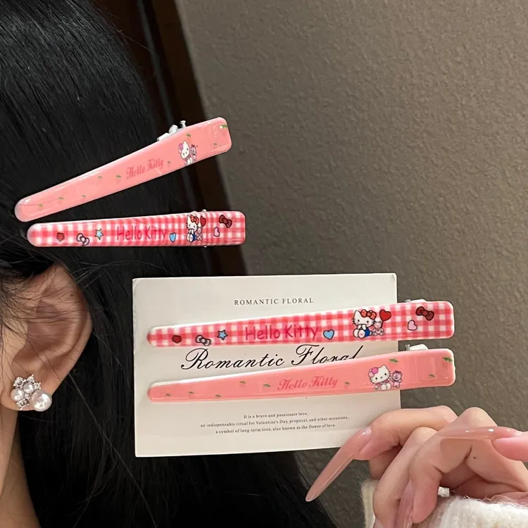 甜美少女格纹KT猫鸭嘴夹少女蓬松碎发一字夹卡通百搭可爱百搭发卡