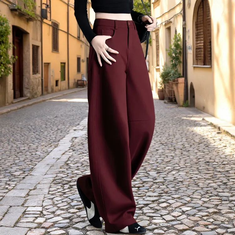 酒红色弯刀休闲裤女2025新款秋冬加绒宽松香蕉镰刀小个子高腰裤子