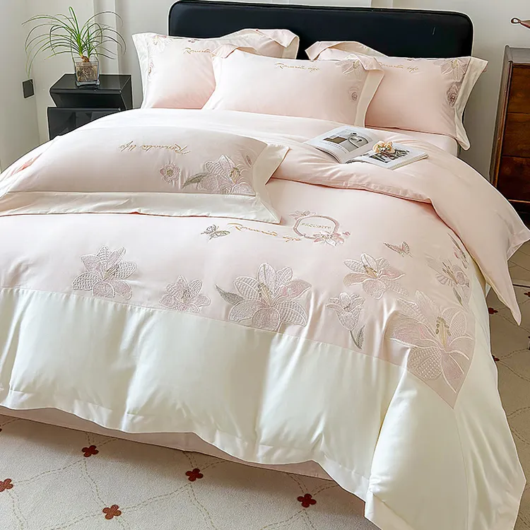 轻奢A类母婴级长绒棉四件套纯棉全棉花卉刺绣被套四季款床上用品