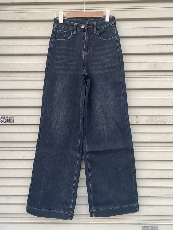 弹力复古深蓝加厚阔腿牛仔裤女高腰冬季加绒显瘦宽松直筒拖地裤