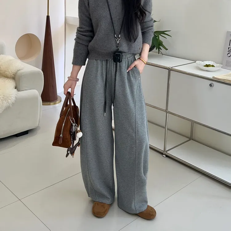 2025新款灰色弯刀阔腿卫裤女秋季抽绳直筒高腰显瘦运动休闲裤