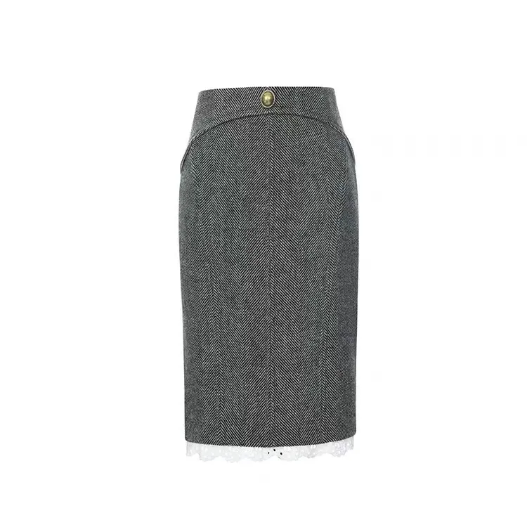 LeFame/拉飞姆2024年秋新复古花边人字纹直简半裙LF24Q00SS054