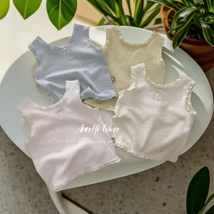 女童刺绣木耳边小背心女宝宝可爱洋气夏天好穿坑条纯棉内搭吊带