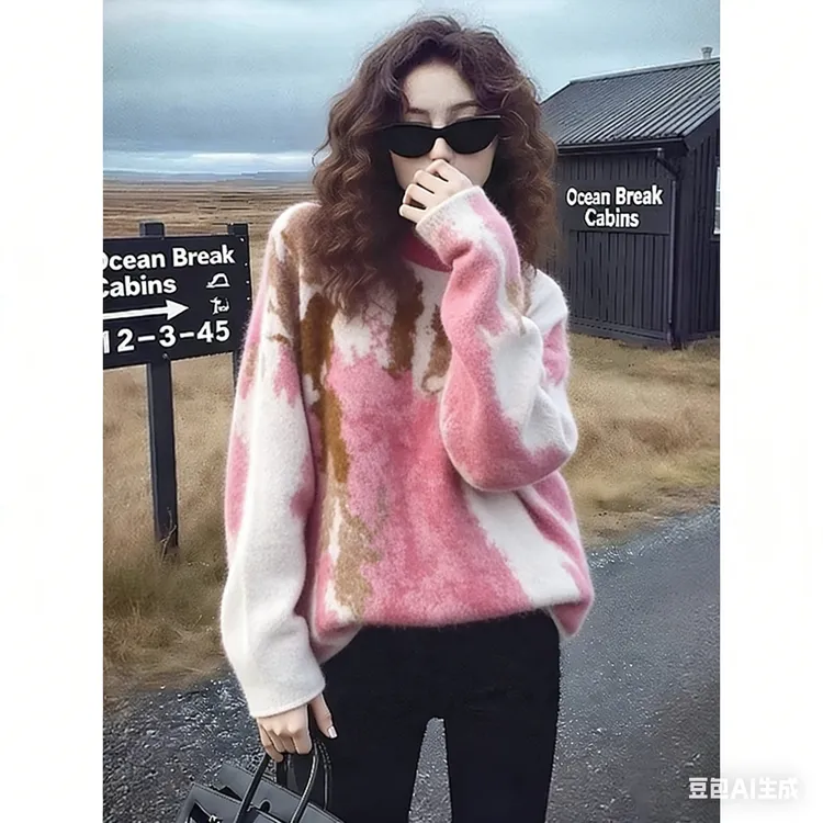 重磅新款女士圆领套头毛衣拉绒晕染柔软时尚加厚针织衫上衣女秋冬