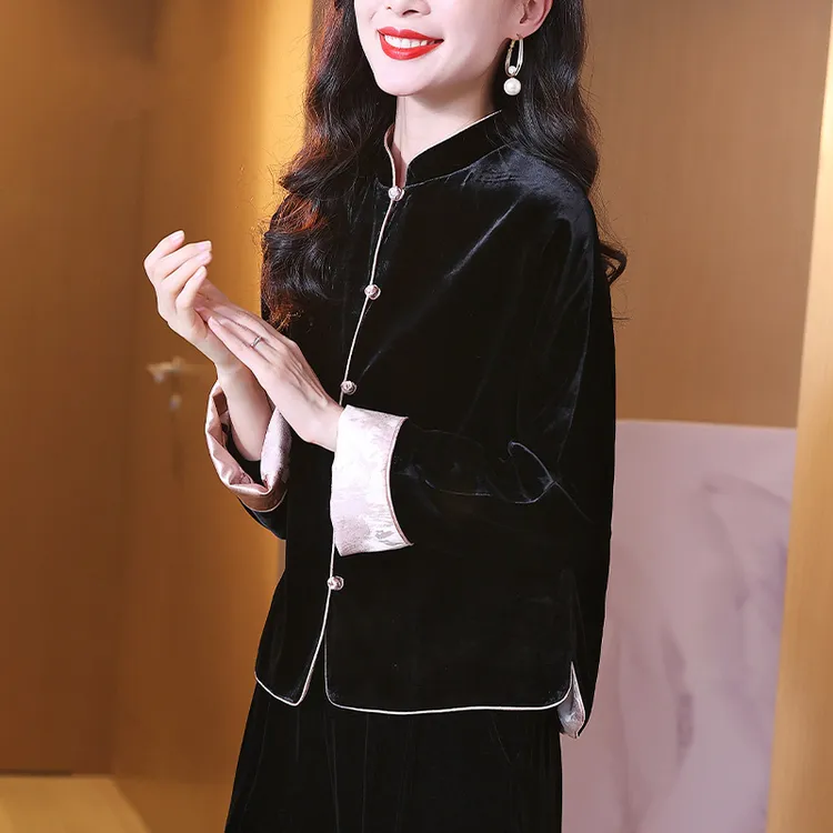 真丝丝绒外套女春秋新中式两穿立领盘扣缎面提花丝绒上衣品质女装