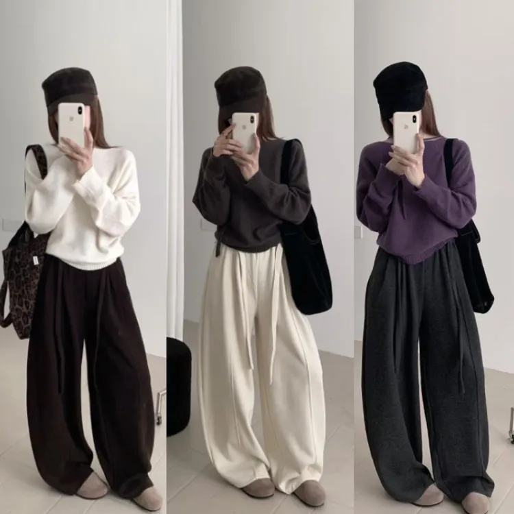 琥珀流光秋季新款复古高腰显瘦宽松百搭美式抽绳休闲阔腿弯刀卫裤