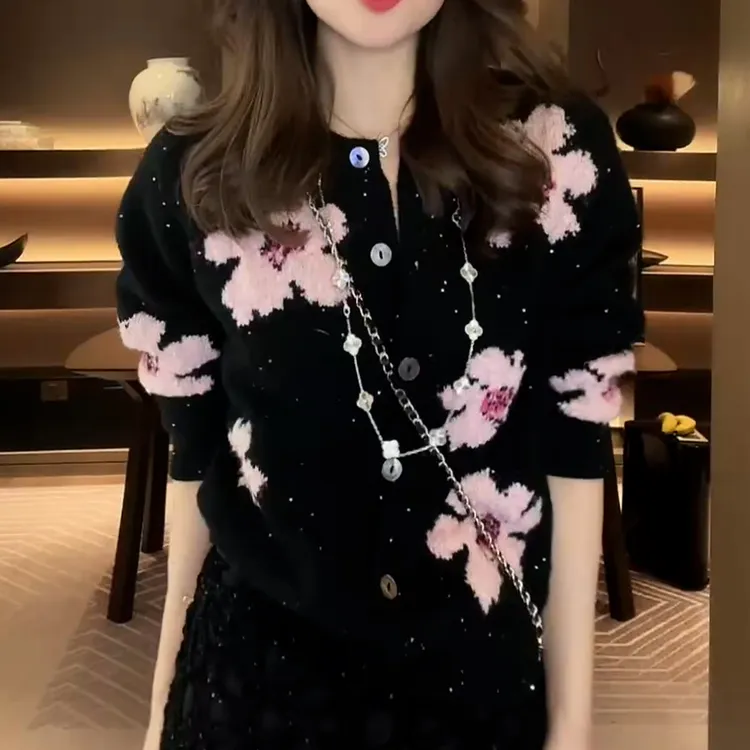 韩系减龄亮片提花针织开衫女2025秋冬新款设计感洋气百搭显瘦上衣