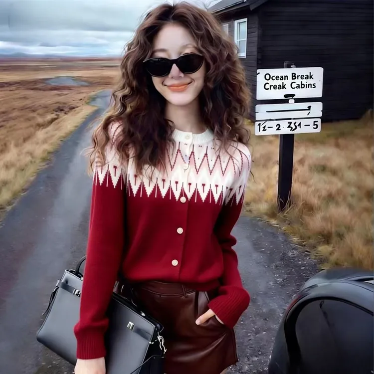 2025冬新品撞色针织毛衣女收腰圣诞节爆款修身显瘦法式复古风上衣
