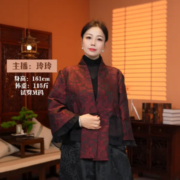 【红熹潮047紫红/黑】秋季女士百搭刺绣轮廓宽松短款双层长袖上衣