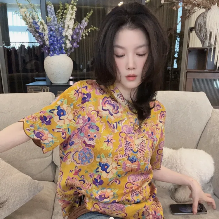 【悦悦专属】新中式提花改良斜襟气质衬衫Y348