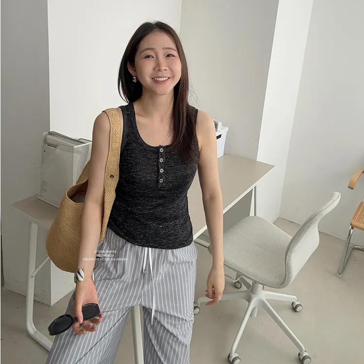 widelia陈姬儿夏季韩版混色亚麻背心女显瘦纽扣外穿内搭上衣10725