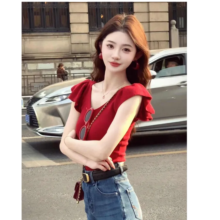 红色V领短袖针织衫正肩T恤女夏季修身显瘦纯欲辣妹小飞袖短款上衣