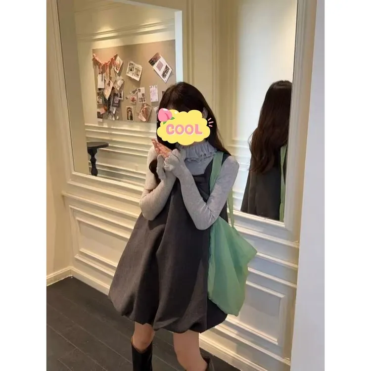 大码韩系减龄套装长袖打底上衣显瘦背心连衣裙套装99670#