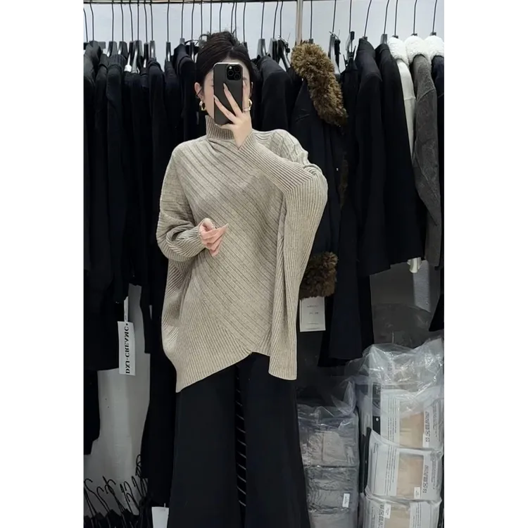 高品质慵懒风不规则宽松纸片人显瘦气质蝙蝠袖毛衣半高领针织衫女