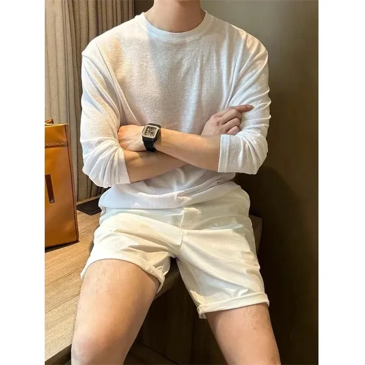 白色休闲防晒打底衫男士长袖T恤宽松夏季薄款韩版简约时尚圆领